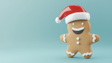 Fototapeta premium A cheerful gingerbread man cookie with a bright smile and Santa hat, conveying festive joy. Perfect for holiday-themed designs and Christmas celebrations
