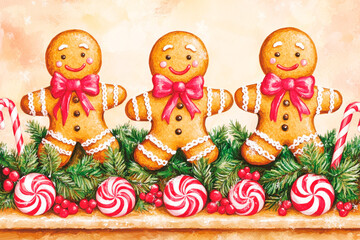 Obraz premium Three gingerbread men are standing on a table with candy canes and berries. The gingerbread men are smiling and wearing bows, giving the image a festive and joyful