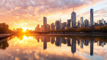 Fototapeta premium Majestic urban skyline reflected in glassy river at sunset, showcasing vibrant colors and serene atmosphere. perfect blend of nature and city life