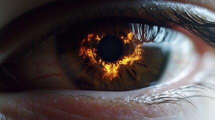 Naklejka premium Close-Up of Eye with Fiery Design in the Iris. The image captures the intensity and mystery, evoking themes of passion and imagination.