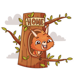 A cheerful squirrel peeks from behind a Home sign on a lovely tree, surrounded by lush green leaves
