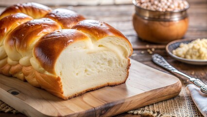Fresh brioche loaf on a wooden board with traditional ingredients