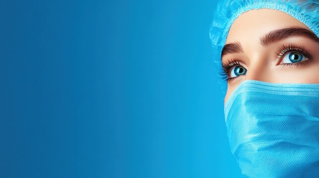 healthcare worker wearing a blue surgical mask and a matching cap looks towards the camera, their bright blue eyes standing out against a solid blue background, creating a focused atmosphere