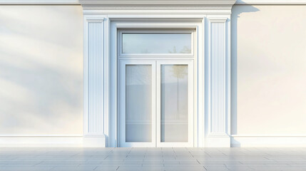 Elegant white double door with large windows and columns in bright daylight
