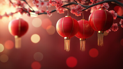 Red Chinese lanterns hanging on cherry blossom branches, with bokeh lights in background, symbolizing luck and joy during New Year festivities.