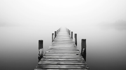 Obraz premium Serene foggy pier extending into misty horizon