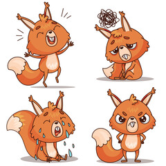 A cute animated cartoon squirrel is showcasing four distinct emotions joy, sadness, frustration, and anger vividly