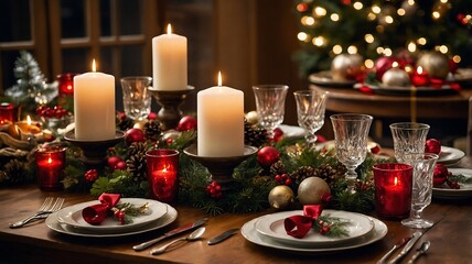 Christmas Table Setting with Candles and Ornaments