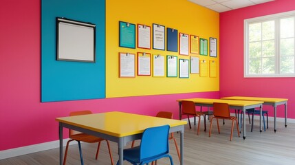 A bright, modern classroom featuring colorful walls, tables, and chairs, designed for a vibrant learning environment.
