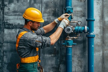 Oil tank installation worker fitting water filter and valve in industrial setting with safety gear