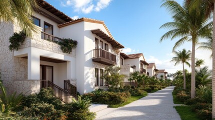Fototapeta premium Coastal villas with modern architectural design sit among vibrant foliage under a clear blue sky. paved pathway invites leisurely strolls amid a serene tropical atmosphere