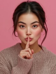 Naklejka premium Serious mysterious brunette Asian woman presses index finger to lips makes hush gesture tells secret asks to be quiet wears long sleeved jumper poses against pink background. Secrecy concept