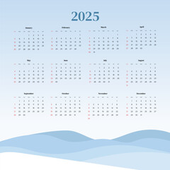 Monthly calendar 2025 week start Sunday corporate design template vector, wall desk calendar in a minimalist style