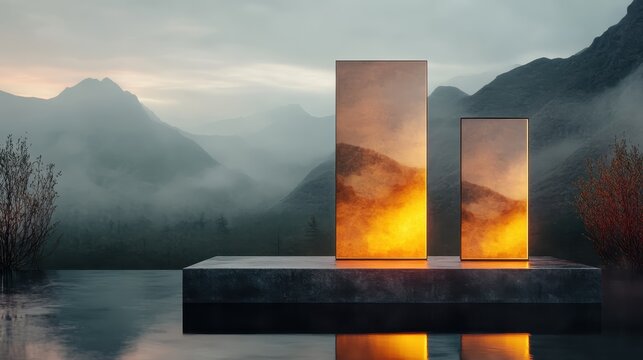 Contemplative landscape featuring two glowing reflective columns set against misty mountains, presenting a harmony between modernity and nature’s serenity.
