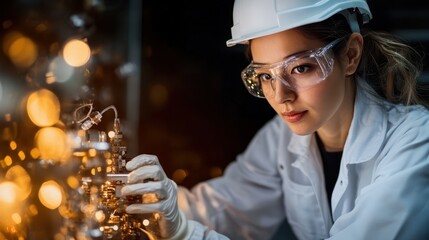 An engineer wearing a helmet and goggles inspects an intricate system of wires and components, symbolizing safety and technical proficiency in an advanced setting.