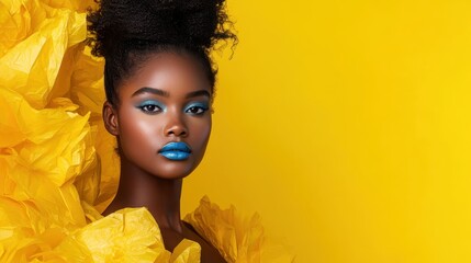 A striking portrait of a woman in bold makeup and fashion, featuring blue makeup and a vibrant yellow dress, showcasing modern artistic expression and style.