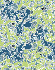 Seamless ethnic pattern of paisley and decorative floral branches. Indian motif.