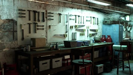 A room in an old garage workshop with various tools neatly hung on the walls, ready for use.