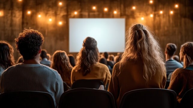 From behind, a diverse audience watches attentively in a warmly lit theater with mesmerizing ambient lights, eagerly engaged in a captivating film projection.