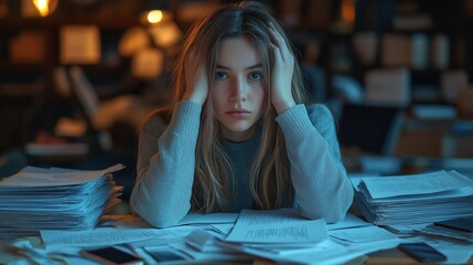 Frustrated woman working late at messy desk surrounded by papers and phones
