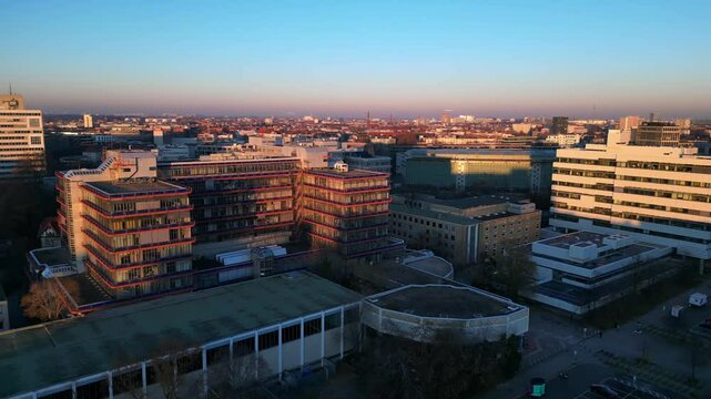 University Berlin Strase des 17 Juni sunset. Magic aerial view flight drone
