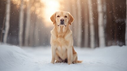 A golden retriever sits majestically on snow-covered ground in a winter forest setting, with sunlight filtering through the bare trees behind it, capturing a serene moment.