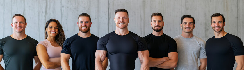 Group of athletes posing together with bodybuilder, showcasing strength and fitness