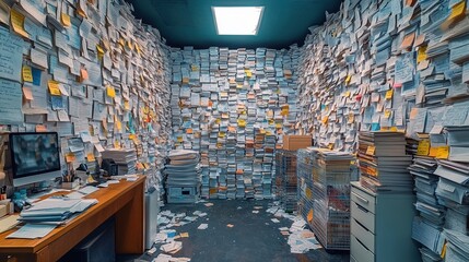 Overwhelming office with stacks of paper and sticky notes covering every surface