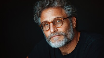 A gray-haired man with glasses, deep in thought, is portrayed against a dark background, highlighting his contemplative nature and introspective demeanor.