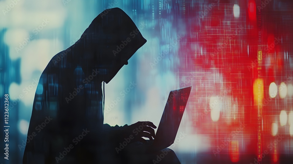 Aufkleber dark silhouette of a person in a hoodie typing on a laptop against a digital background with blue an