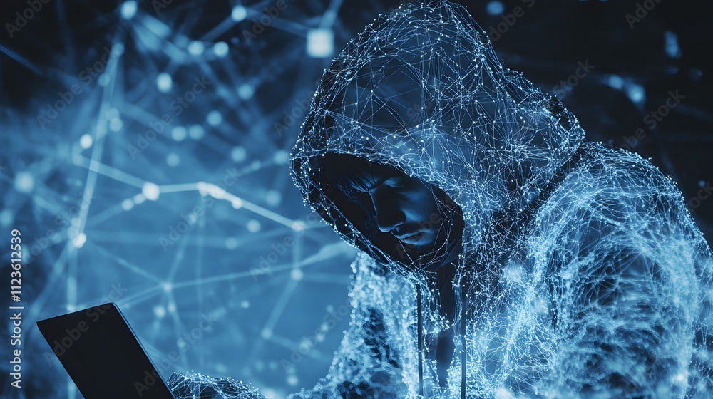 Aufkleber mysterious hooded figure immersed in digital technology, engaging with a laptop, surrounded by glowi