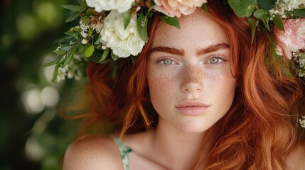 Naklejka premium A stunning portrait featuring a red-haired woman with a blooming floral headpiece. Her calm demeanor blends harmoniously with the lush green surroundings.