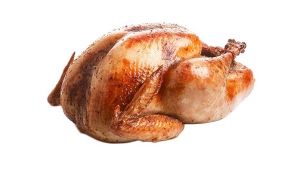 Whole Roasted Chicken with Crispy Skin and Juicy Meat on White Background