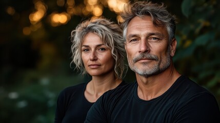 Fototapeta premium A gray-haired couple in dark clothing is captured in nature, enjoying a tranquil moment with warmth and understanding, epitomizing the beauty of human connection.