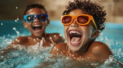 Two children are joyfully splashing in a swimming pool, wearing bright sunglasses, capturing the essence of summer fun and carefree childhood laughter.