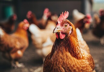 Close up of a brown hen in a barnyard or poultry farm
