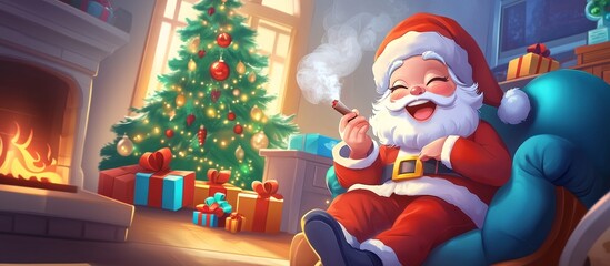 Santa Claus Smiling While Smoking a Blunt, Relaxing in a Festive Room with a Decorated Christmas Tree and Gifts, Copy Space.