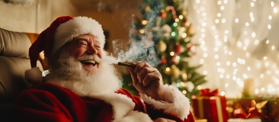 Santa Claus Smiling While Smoking a Blunt, Relaxing in a Festive Room with a Decorated Christmas Tree and Gifts, Copy Space.