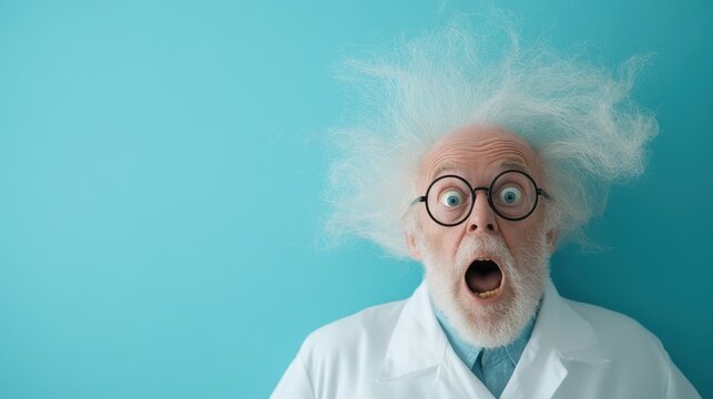 An elderly scientist with wild, frothy hair and a look of shock appears against a light blue background, blending whimsy with the intrigue of scientific discovery.