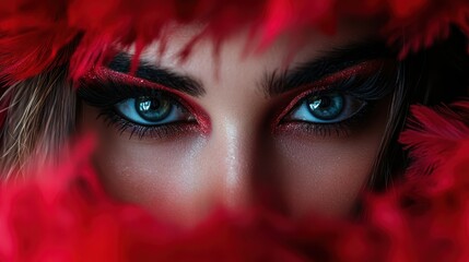 A captivating close-up of mesmerizing blue eyes surrounded by vibrant red feathers, creating a striking contrast bursting with intensity and allure.