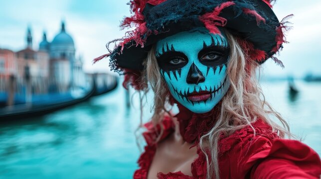 A woman dressed in a red costume and intricate mask poses against a backdrop of water and historical architecture, exuding theatrical and mysterious vibes.