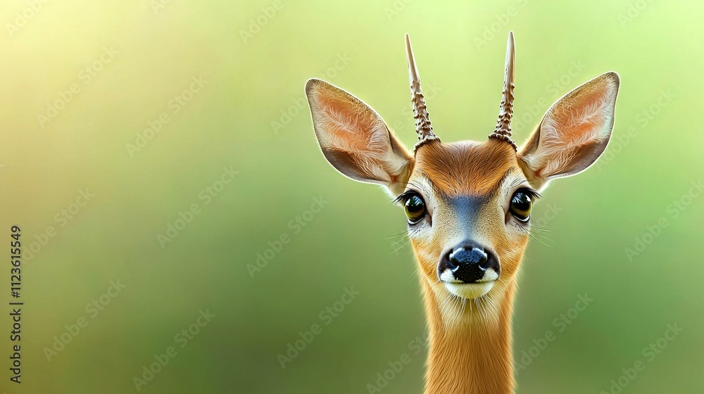 Wall mural a deer with antlers in sharp focus, gazing directly at the camera against a hazy backdrop
