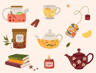 Set of teapots, and cups with fruits, lemon, and herbal tea. Cartoon hot drinks