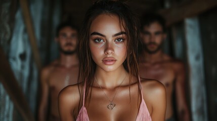 Naklejka premium A young woman stands confidently in a pink bikini, with a minimalistic wooden background and two indistinct figures behind her, capturing a sense of summer adventure.