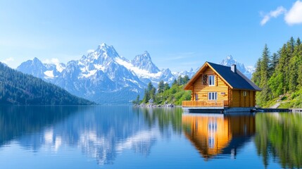 Obraz premium Secluded Mountain Cabin Retreat: Tranquility and serenity await in this idyllic lakeside cabin nestled amidst towering snow-capped mountains, its reflection shimmering on the crystal-clear water. 