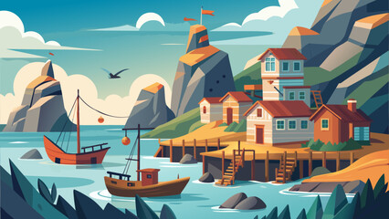 Fototapeta premium Fishing village by the sea with boats and rocky cliffs during a sunny day