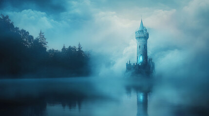 Naklejka premium A lonely tower near a serene lake, enveloped in faint blue and white flames that reflect ghostly in the still water.