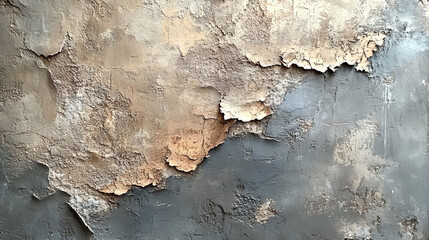 A close-up view of a weathered wall surface displaying peeling plaster and an aged texture.