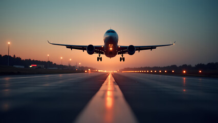 Fototapeta premium Eine Aufnahme eines Verkehrsflugzeugs, das sich zur Landung nähert, mit weit in die Ferne reichenden Start- und Landebahnlichtern unter einem dämmrigen Himmel.