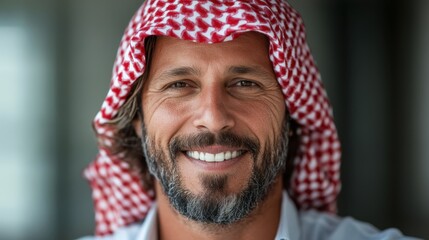 A cheerful middle-aged man with a stylish beard and keffiyeh grins confidently amidst a blurred background, representing warmth and cultural identity.